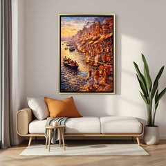 Varanasi River of Devotion premium canvas print in luxury golden floater frame with scenic Ganges riverfront views