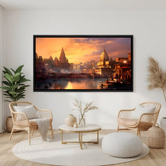 Varanasi ghat artwork in elegant black floater frame showcasing historic riverside architecture