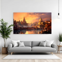 Varanasi Riverside Heritage canvas wall art in premium canvas wrapped frame featuring historic ghats and sacred river views
