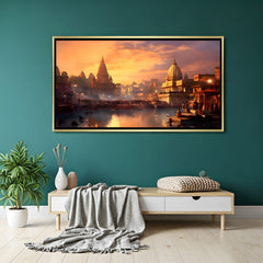 Varanasi Riverside Heritage artwork in luxury golden floater frame with detailed ghat and river scenery
