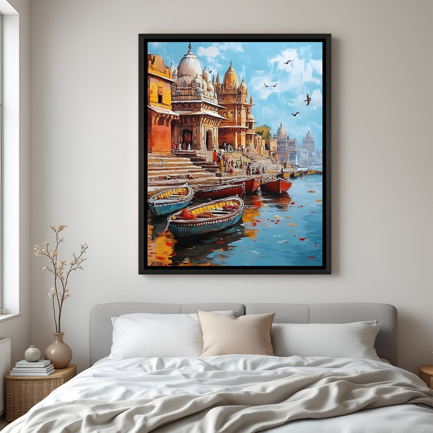 Varanasi heritage riverfront artwork in elegant black floater frame showcasing iconic ghats and spiritual architecture