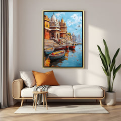 Varanasi Sacred Ganges Legacy canvas wall decor in luxury golden floater frame featuring timeless riverside heritage