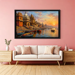 Varanasi ghat panorama artwork in elegant black floater frame showcasing sacred riverside architecture