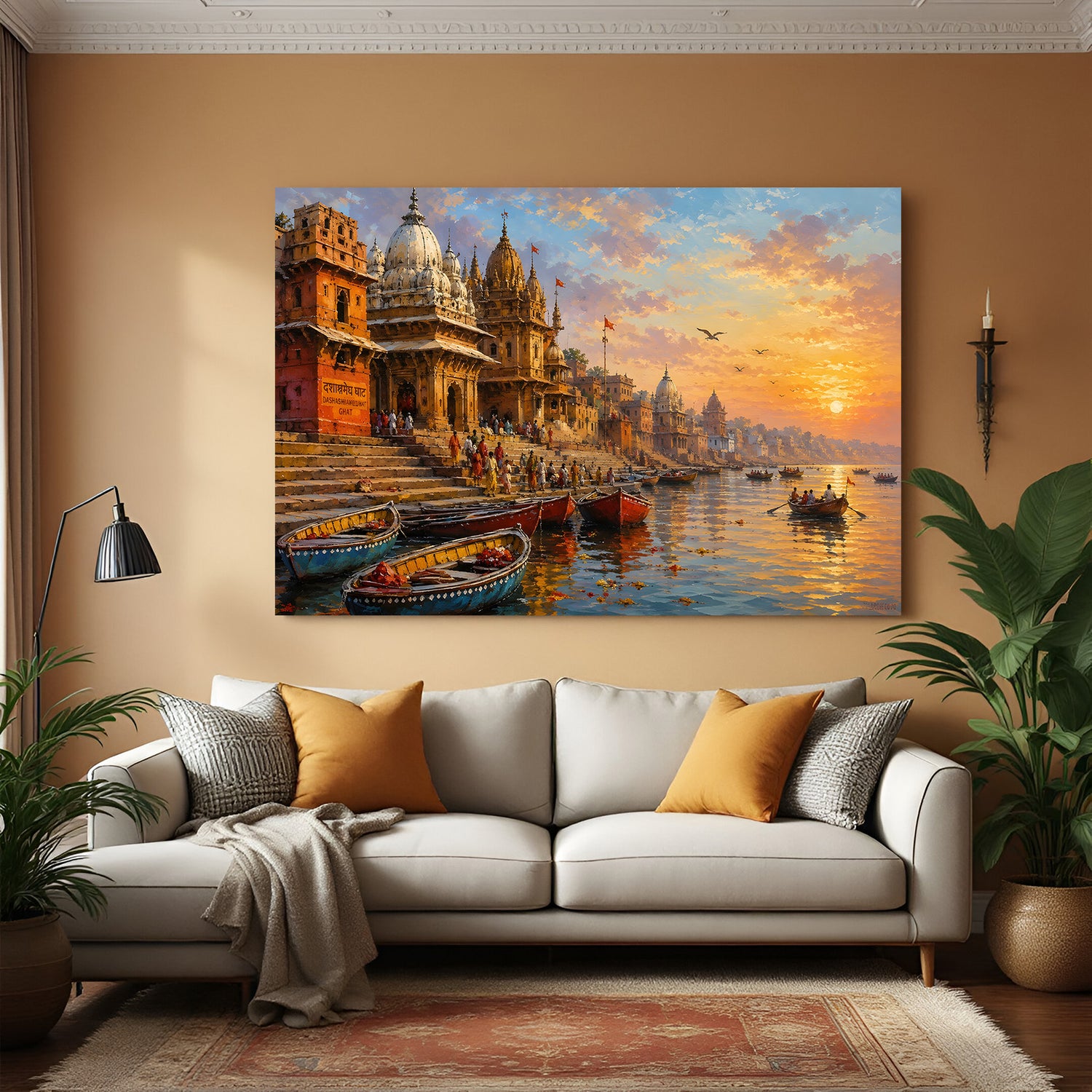 Varanasi Sacred Horizons canvas wall art in premium canvas wrapped frame featuring historic ghats along the Ganges River
