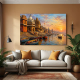 Varanasi Sacred Horizons canvas wall art in premium canvas wrapped frame featuring historic ghats along the Ganges River