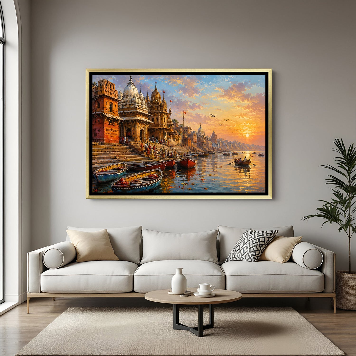 Varanasi Sacred Horizons artwork in luxury golden floater frame featuring timeless Ganges riverfront scenery