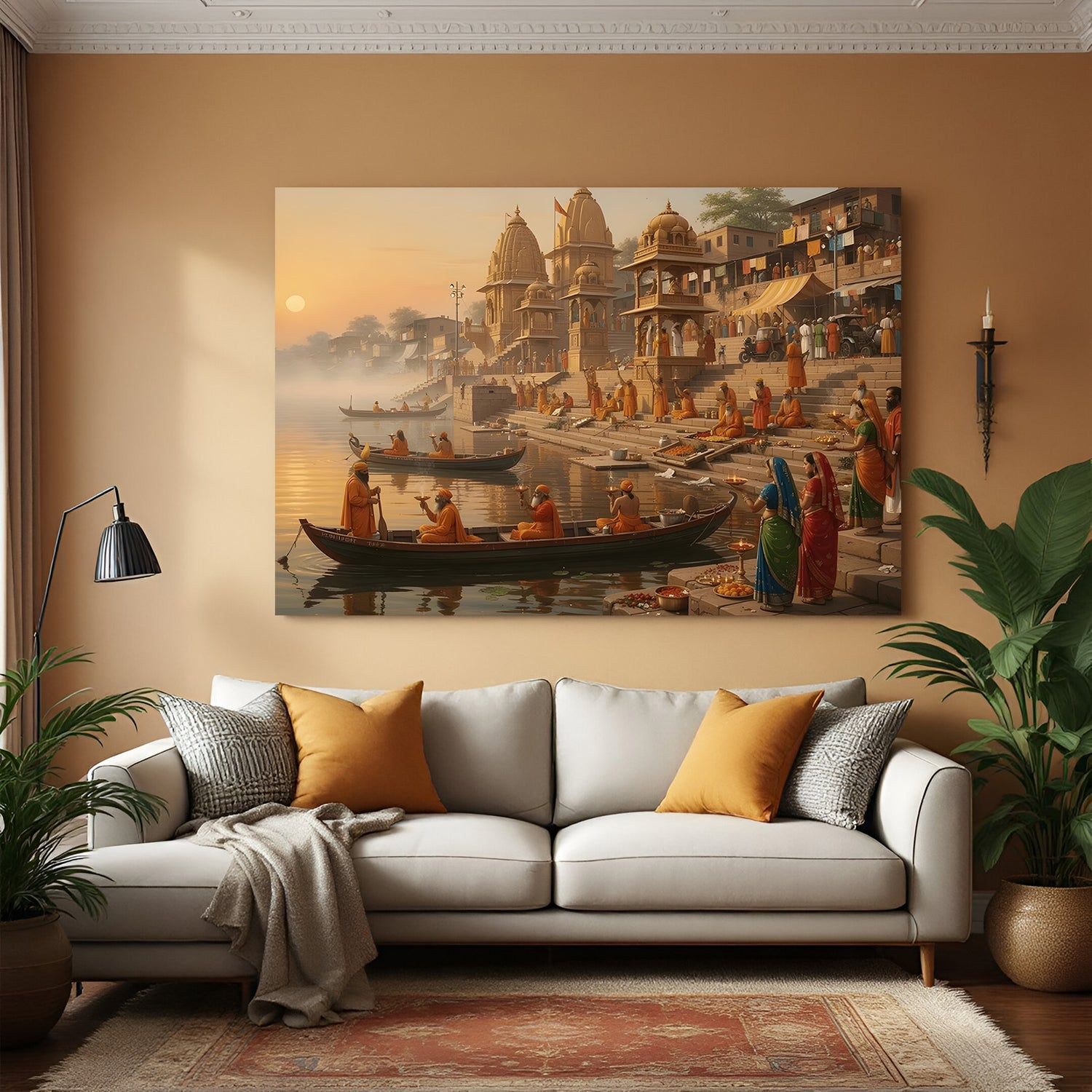 Varanasi Sacred Riverfront Panorama canvas wall art in premium canvas wrapped frame featuring historic ghats and Ganges river views