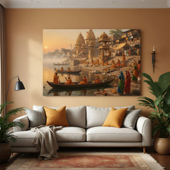 Varanasi Sacred Riverfront Panorama canvas wall art in premium canvas wrapped frame featuring historic ghats and Ganges river views