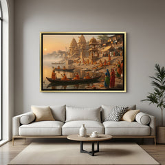 Varanasi Sacred Riverfront Panorama artwork in luxury golden floater frame featuring cultural heritage scenery