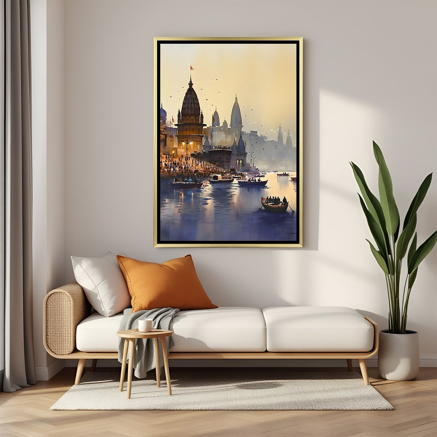Varanasi Soulful Riverfront canvas print in luxury golden floater frame featuring timeless riverside heritage
