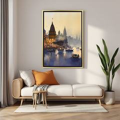 Varanasi Soulful Riverfront canvas print in luxury golden floater frame featuring timeless riverside heritage