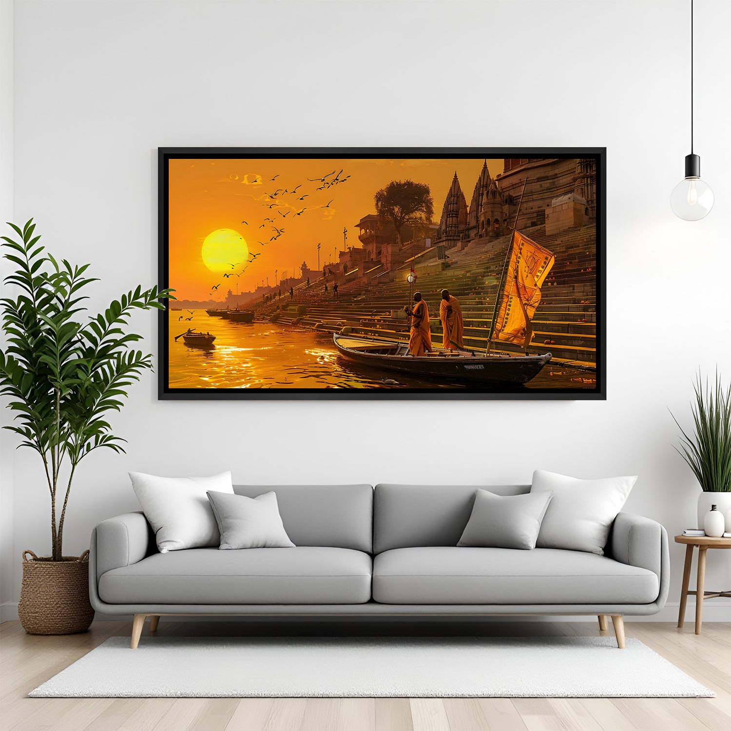 Varanasi ghat sunset painting black floater frame wall art