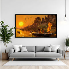 Varanasi ghat sunset painting black floater frame wall art