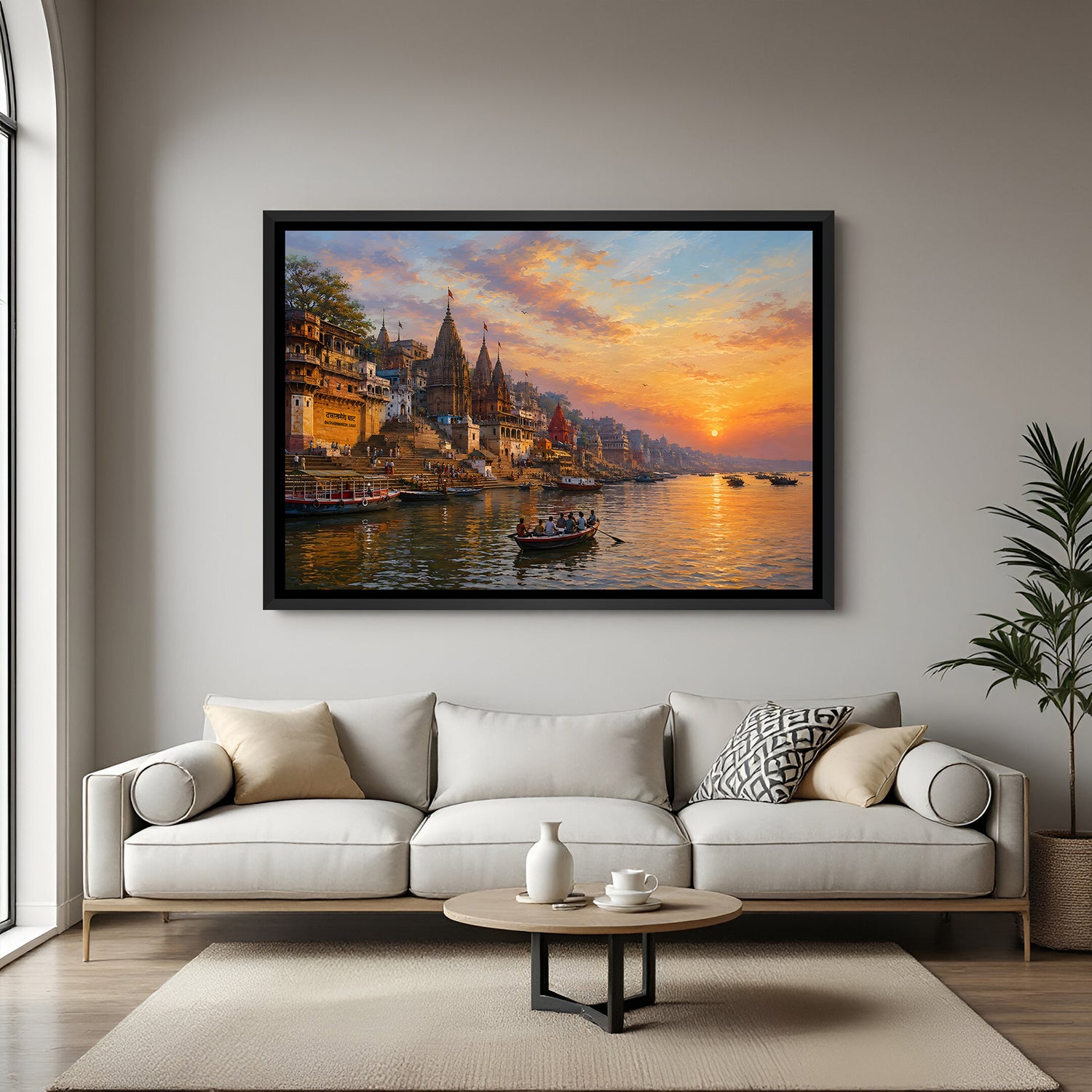 Varanasi sunset ghat artwork in elegant black floater frame with warm evening colors and river reflections