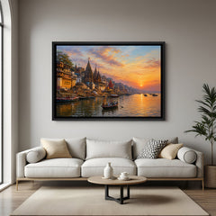 Varanasi sunset ghat artwork in elegant black floater frame with warm evening colors and river reflections