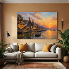 Varanasi Sunset Glow wall decor print in premium canvas wrapped frame featuring golden sunset over the sacred ghats