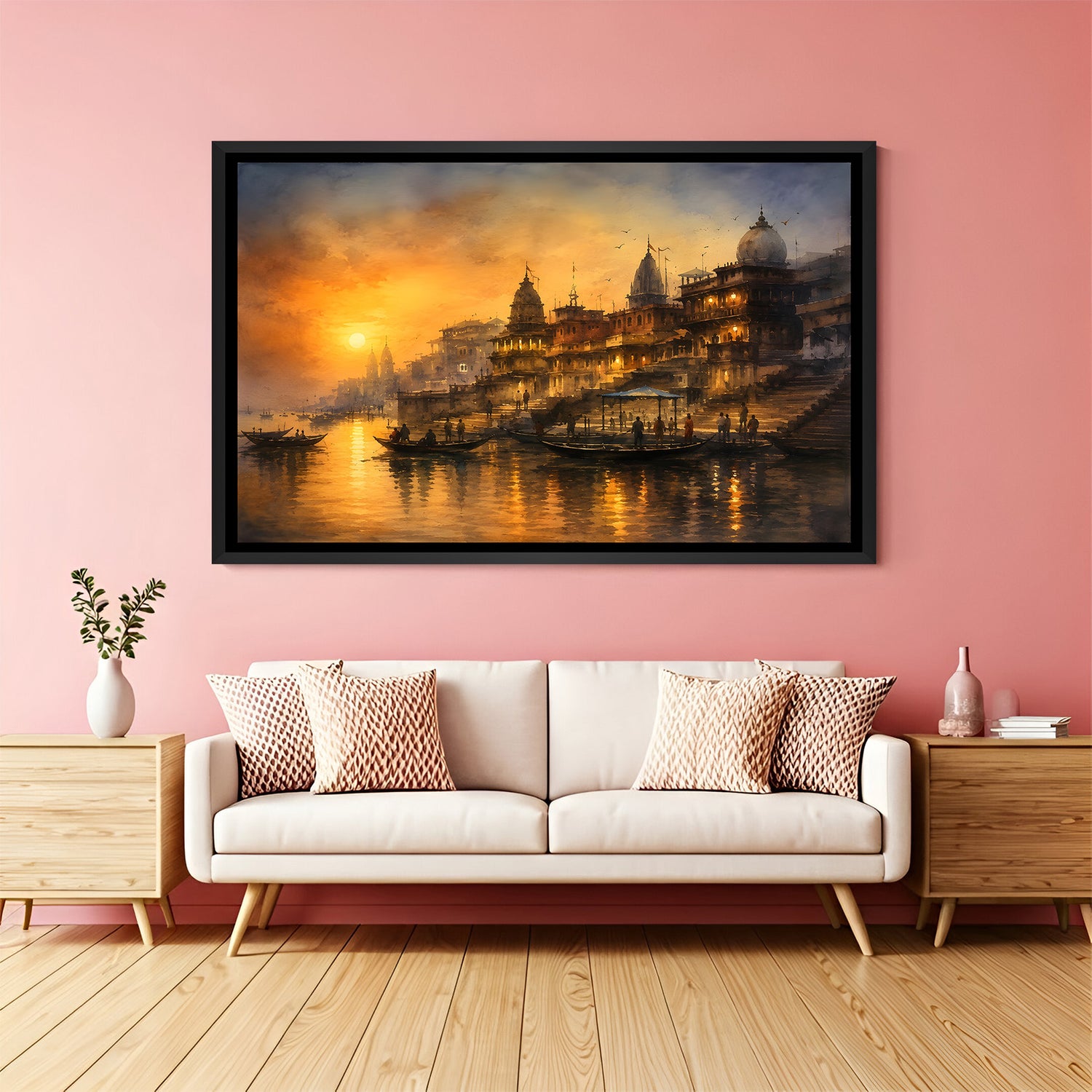 Varanasi ghat heritage artwork in elegant black floater frame showcasing sacred riverside architecture