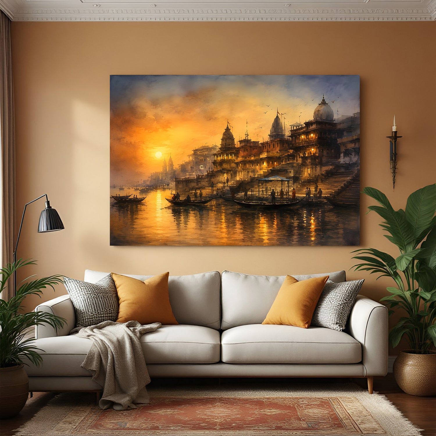 Varanasi Timeless Spiritual Corridor canvas wall art in premium canvas wrapped frame featuring historic ghats along the Ganges