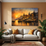 Varanasi Timeless Spiritual Corridor canvas wall art in premium canvas wrapped frame featuring historic ghats along the Ganges