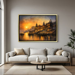 Varanasi Timeless Spiritual Corridor artwork in luxury golden floater frame with detailed cultural riverfront scenery