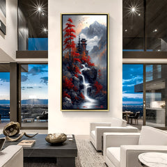 Serene Japanese waterfall canvas in luxurious golden floater frame, vibrant nature wall painting that enhances pooja room, entrance foyer and vastu positive home spaces.