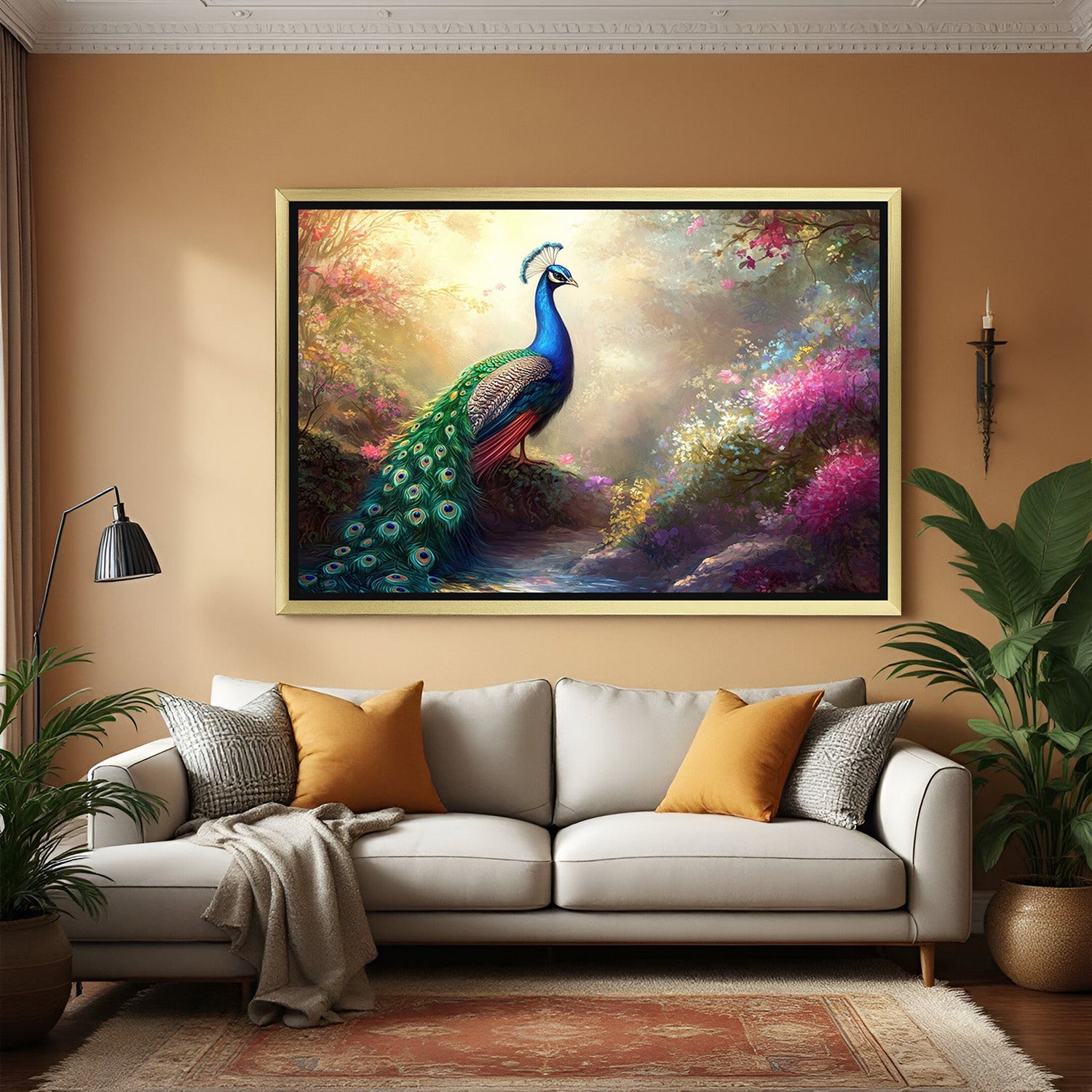 Golden floater frame Peacock canvas painting bringing royalty, harmony, and positive Vastu aura into your home or office walls