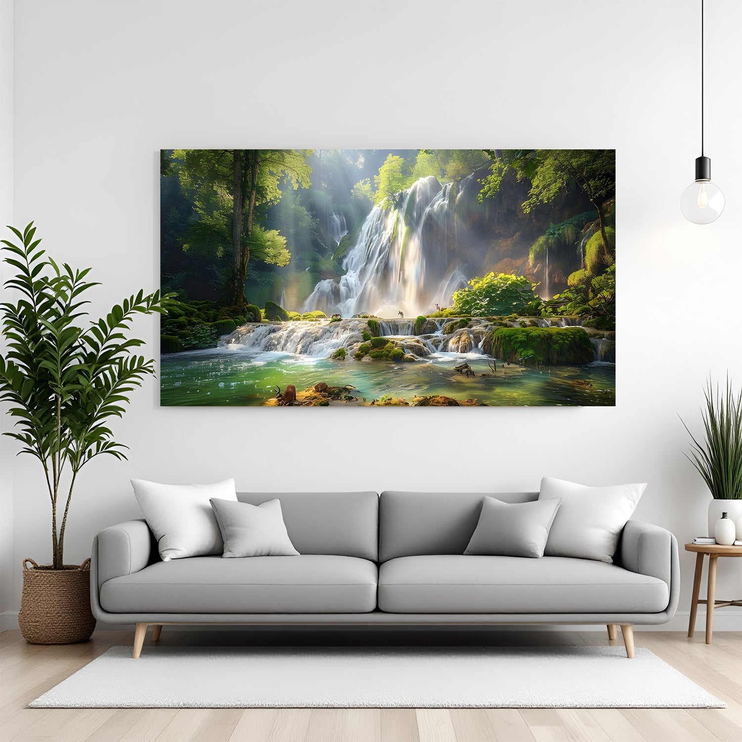 Vastu waterfall canvas wall art with flowing water and green forest landscape