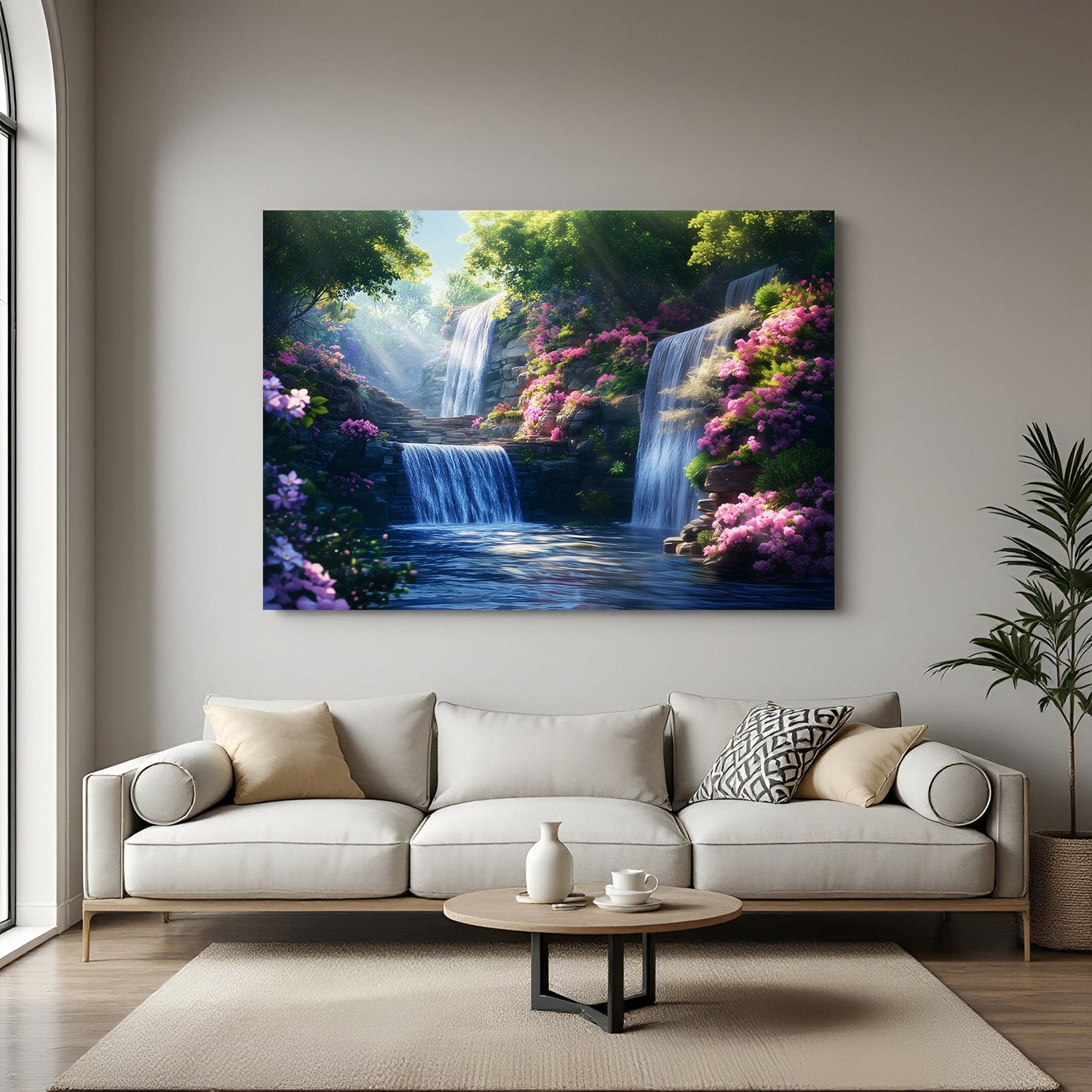 Flowing waterfall Vastu canvas painting for abundance, serenity, and emotional balance in peaceful home or office interiors