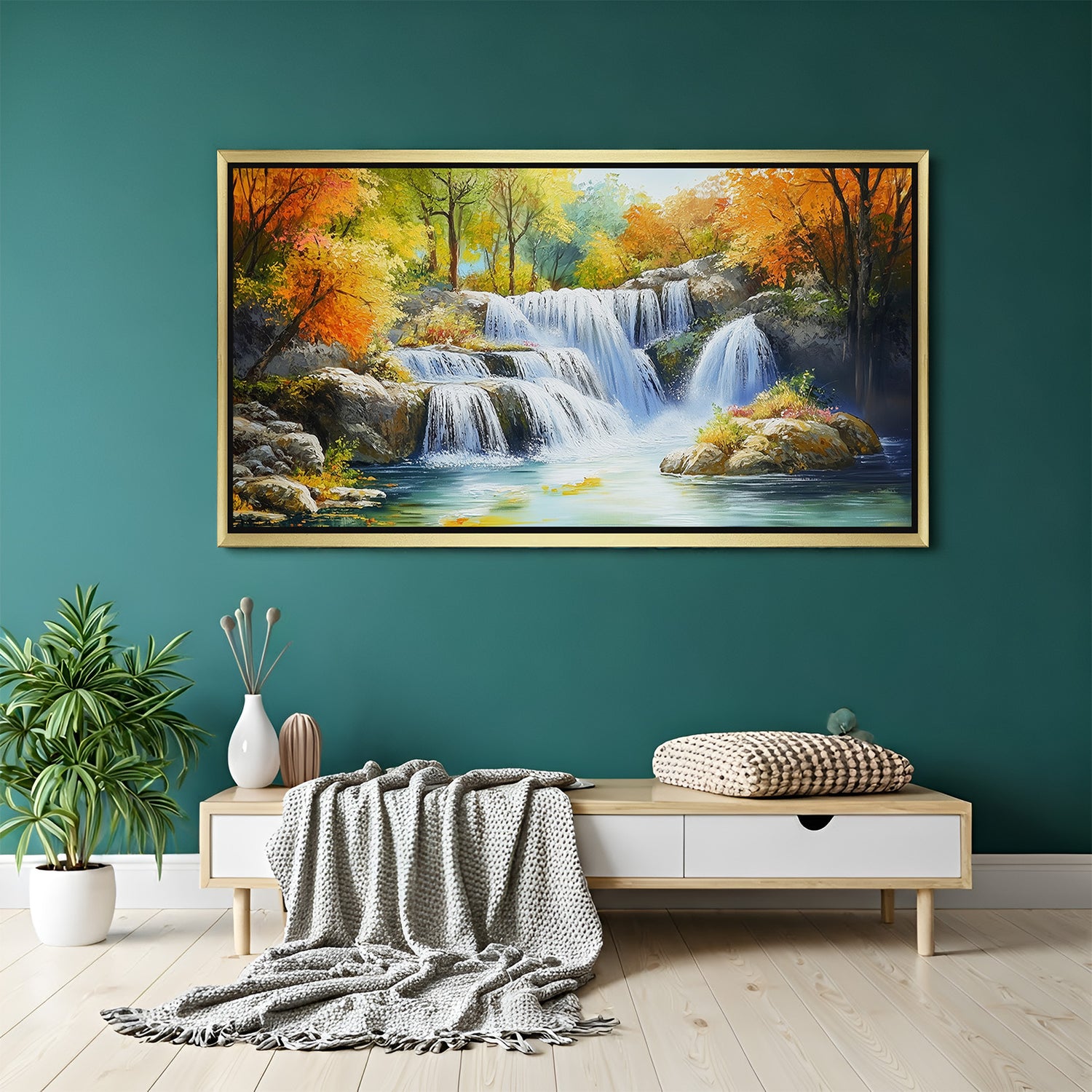 Vastu waterfall hand painted canvas wall art in golden floater frame – prosperity vastu painting