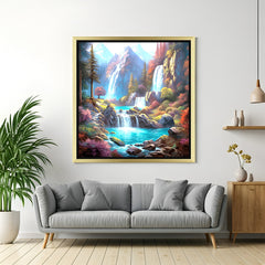 Vastu Waterfall painting with golden floater frame for peaceful home wall art and abundance