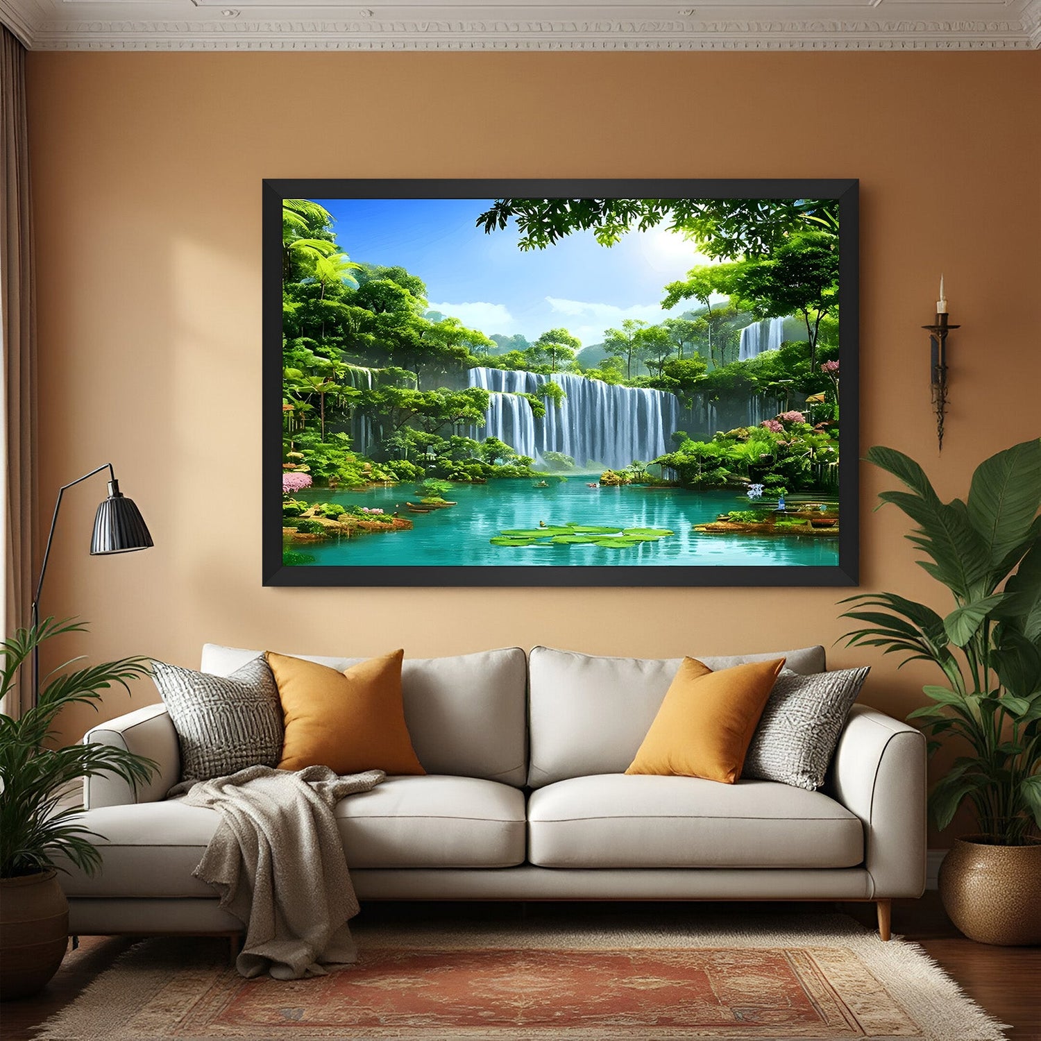 Waterfall Vastu canvas wall art in black floater frame for stylish bedroom and peaceful home interiors