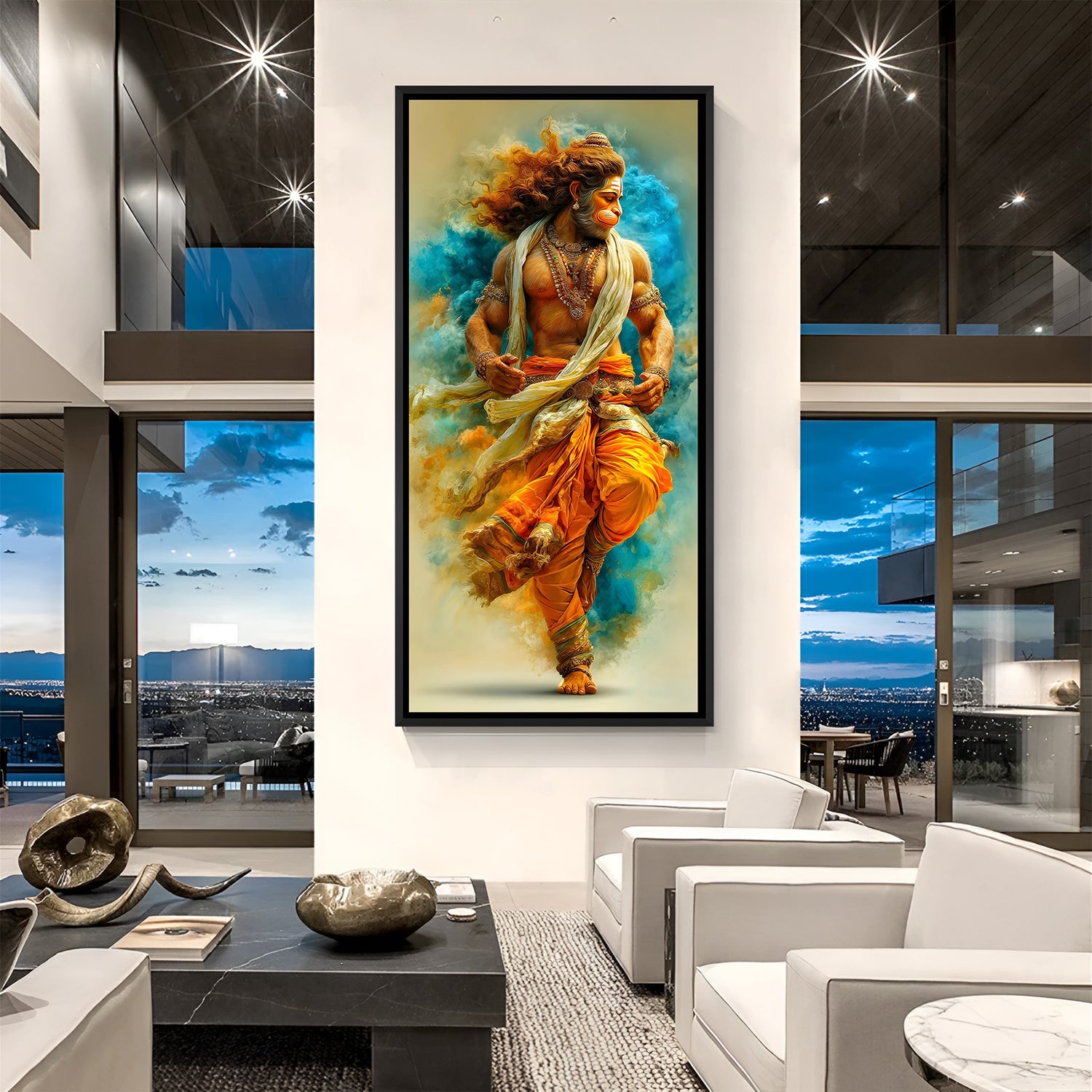 Veer Hanuman spiritual wall art in elegant black floater frame adding bold contrast to contemporary home interior.