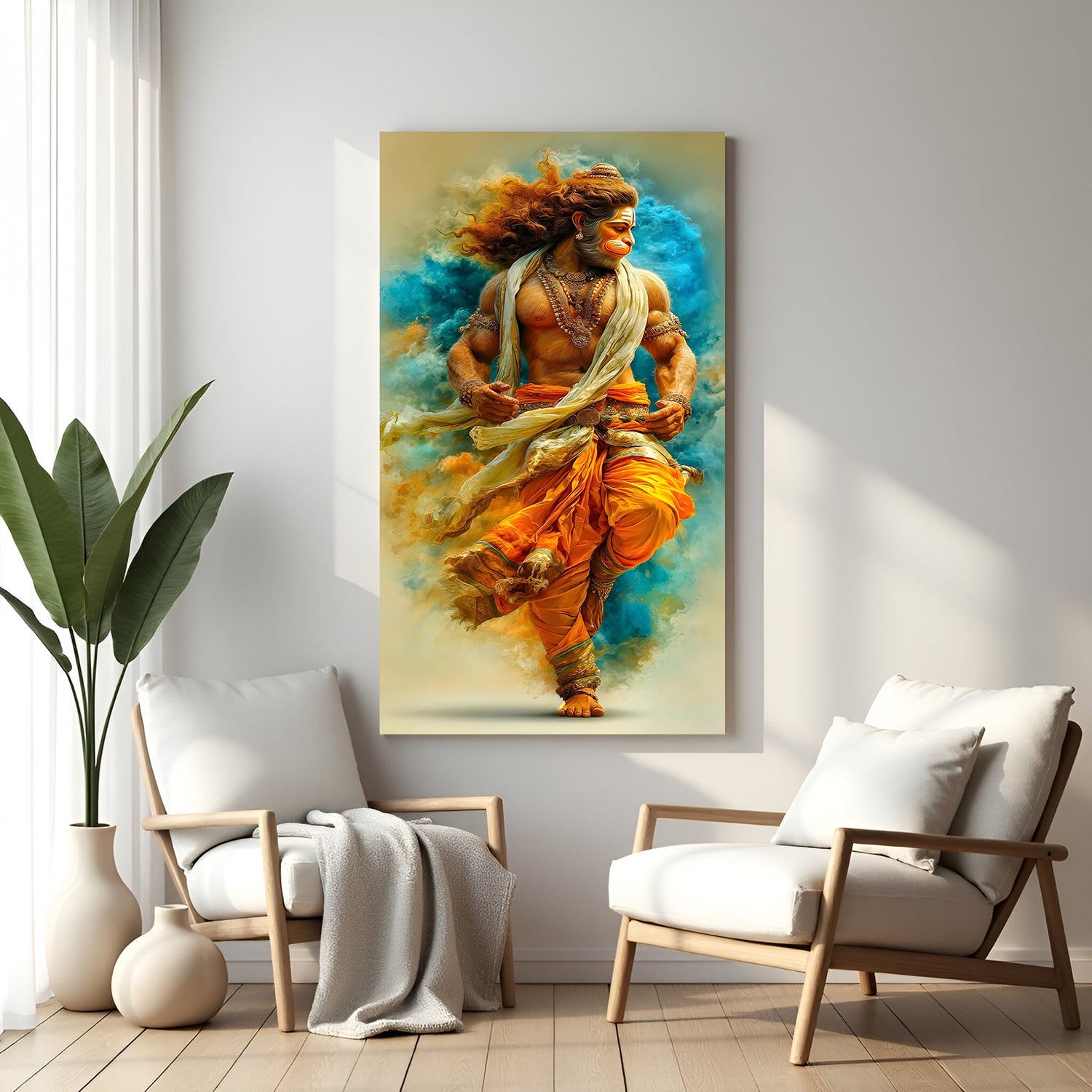 Veer Hanuman divine motion wall art printed on premium canvas wrapped around wooden stretcher frame displayed in modern living room.