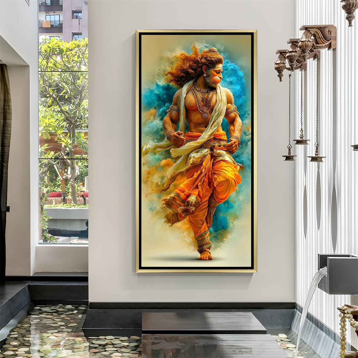 Veer Hanuman divine artwork displayed in luxurious golden floater frame enhancing spiritual and premium home decor aesthetic.