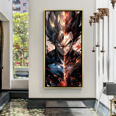 Vegeta Dragon Ball Z wall art in luxury golden floater frame with fiery crack design