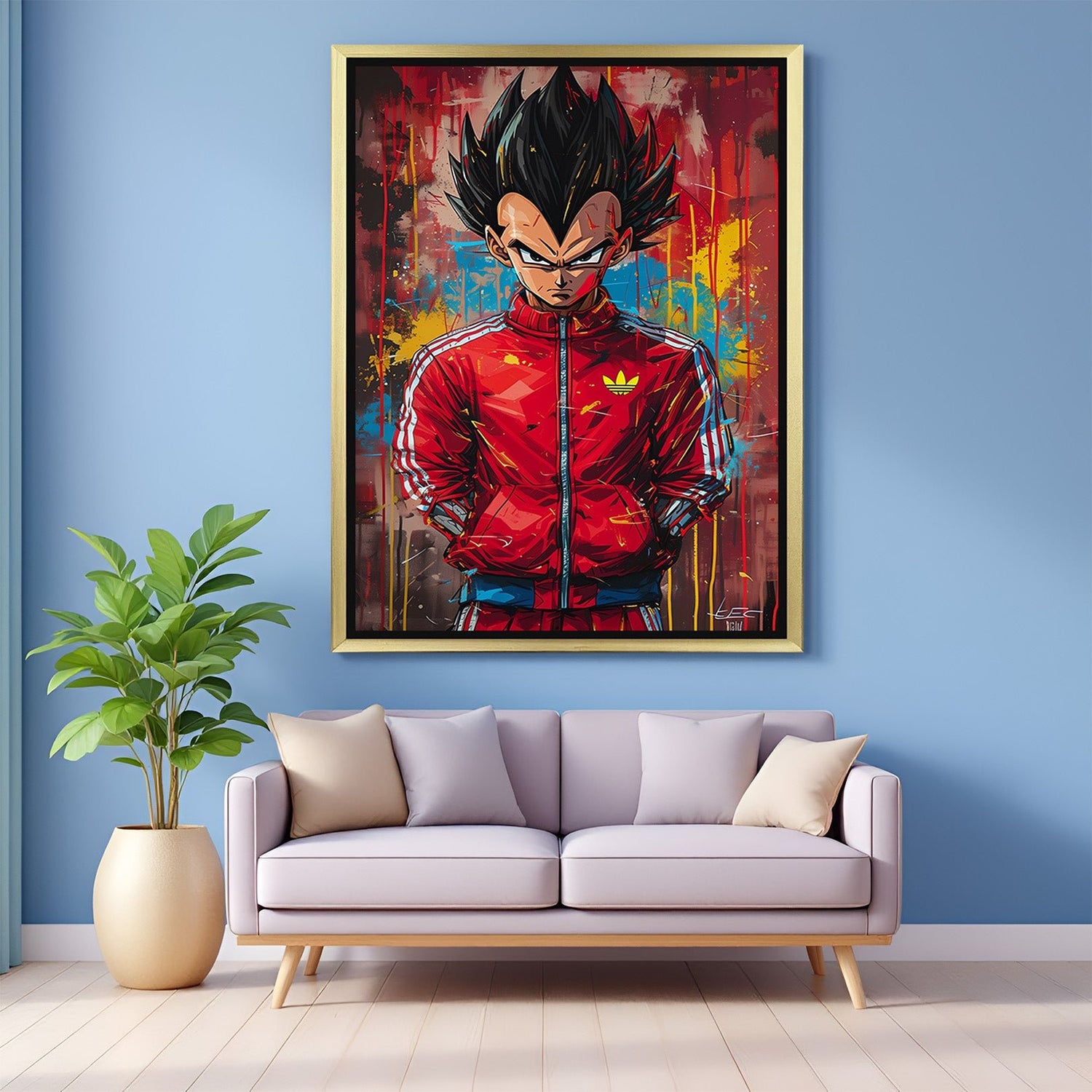Vegeta canvas wall print in golden floater frame – stylish and powerful anime art