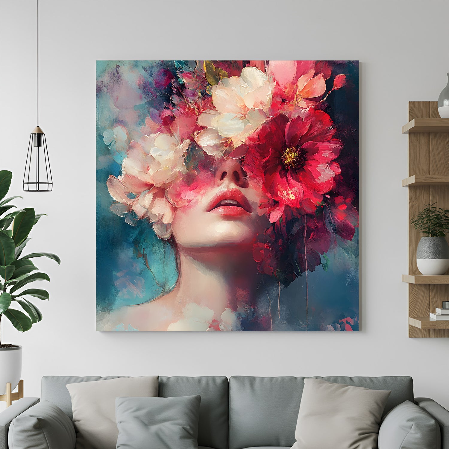 Square canvas-wrapped floral portrait wall art featuring ivory and red blossoms covering a woman's eyes in romantic abstract style.
