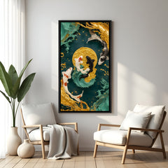 Contemporary koi fish wall art with green and gold accents in elegant black floater frame