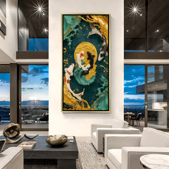 Verdant Eclipse Yin Yang Koi artwork in luxury golden floater frame featuring a gold, green, and black color scheme