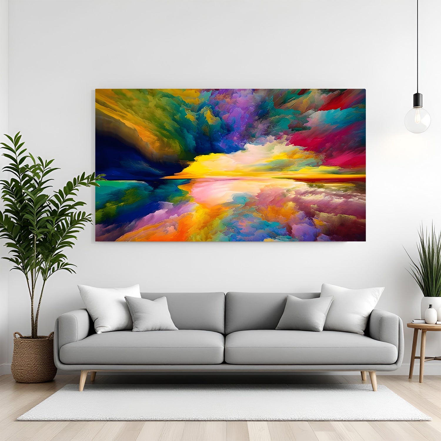 Vibrant abstract canvas wall art with colorful landscape reflection in blue, yellow, red, and green tones displayed above sofa in modern living room canvas wrap decor