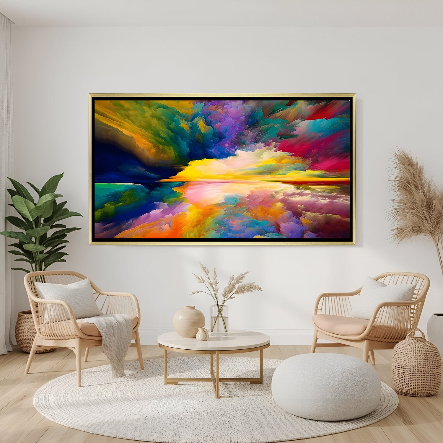Vibrant abstract canvas wall art with multicolor reflection design in golden floater frame displayed in elegant modern living room decor