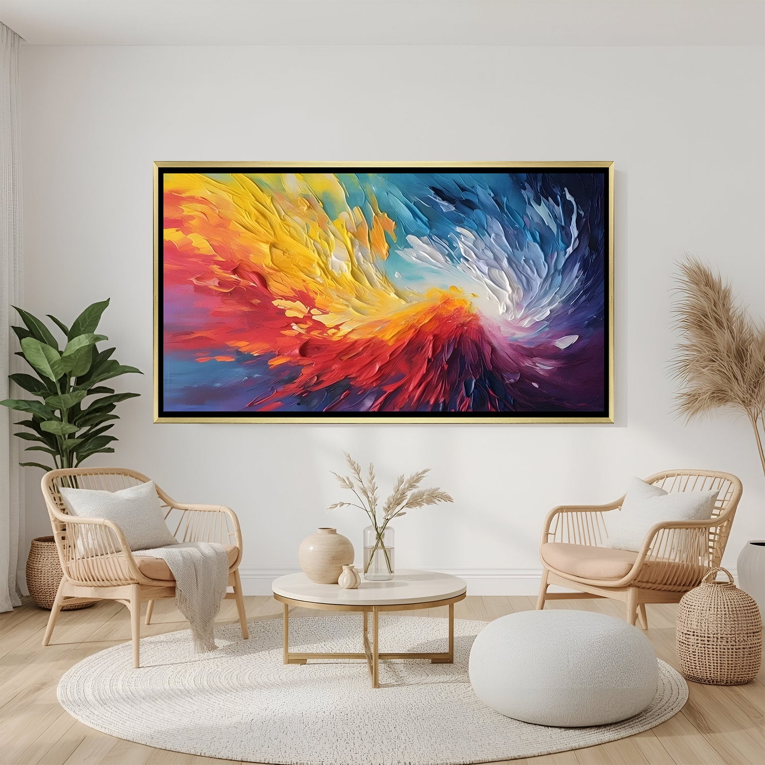 Vibrant abstract canvas wall art with dynamic colors in golden floater frame displayed in a modern luxury living room