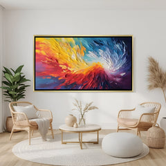Vibrant abstract canvas wall art with dynamic colors in golden floater frame displayed in a modern luxury living room