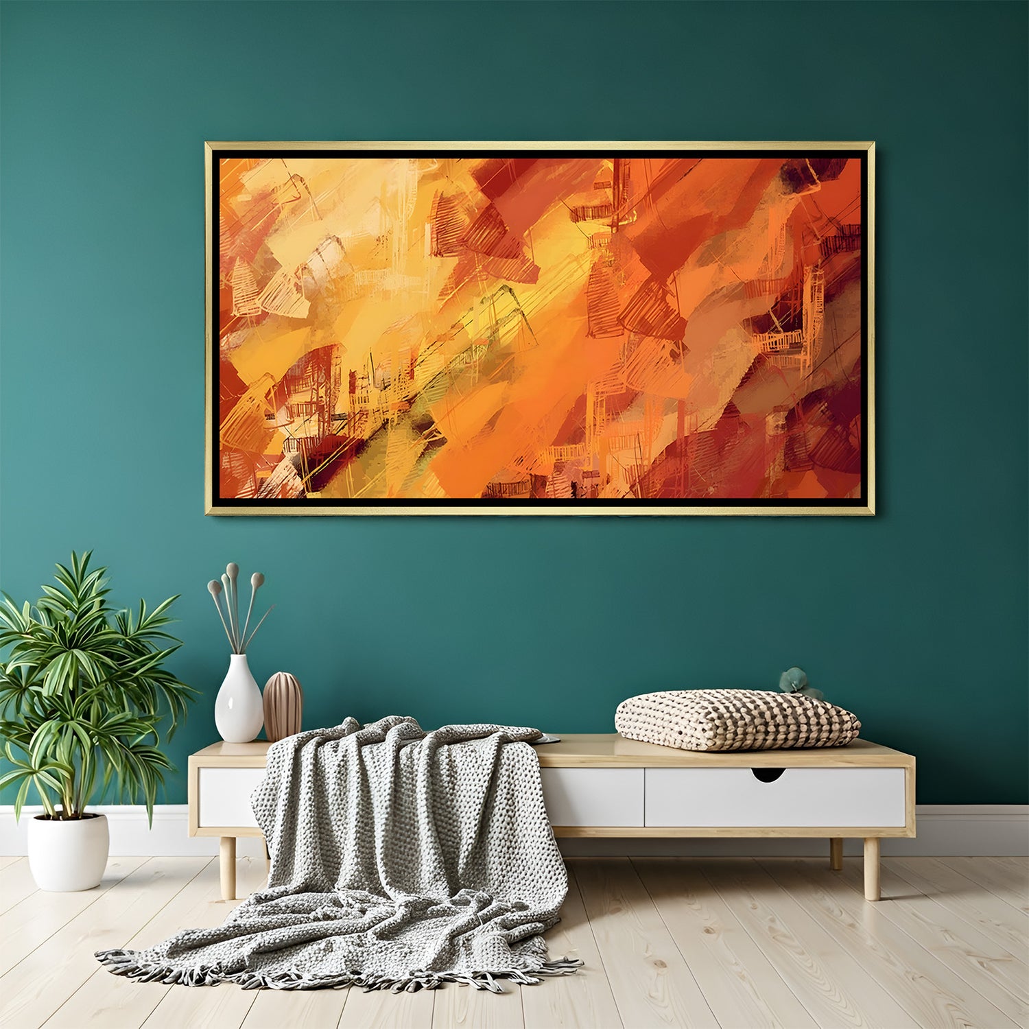 Vibrant abstract canvas wall art in warm orange and gold tones with golden floater frame displayed in elegant modern living room decor