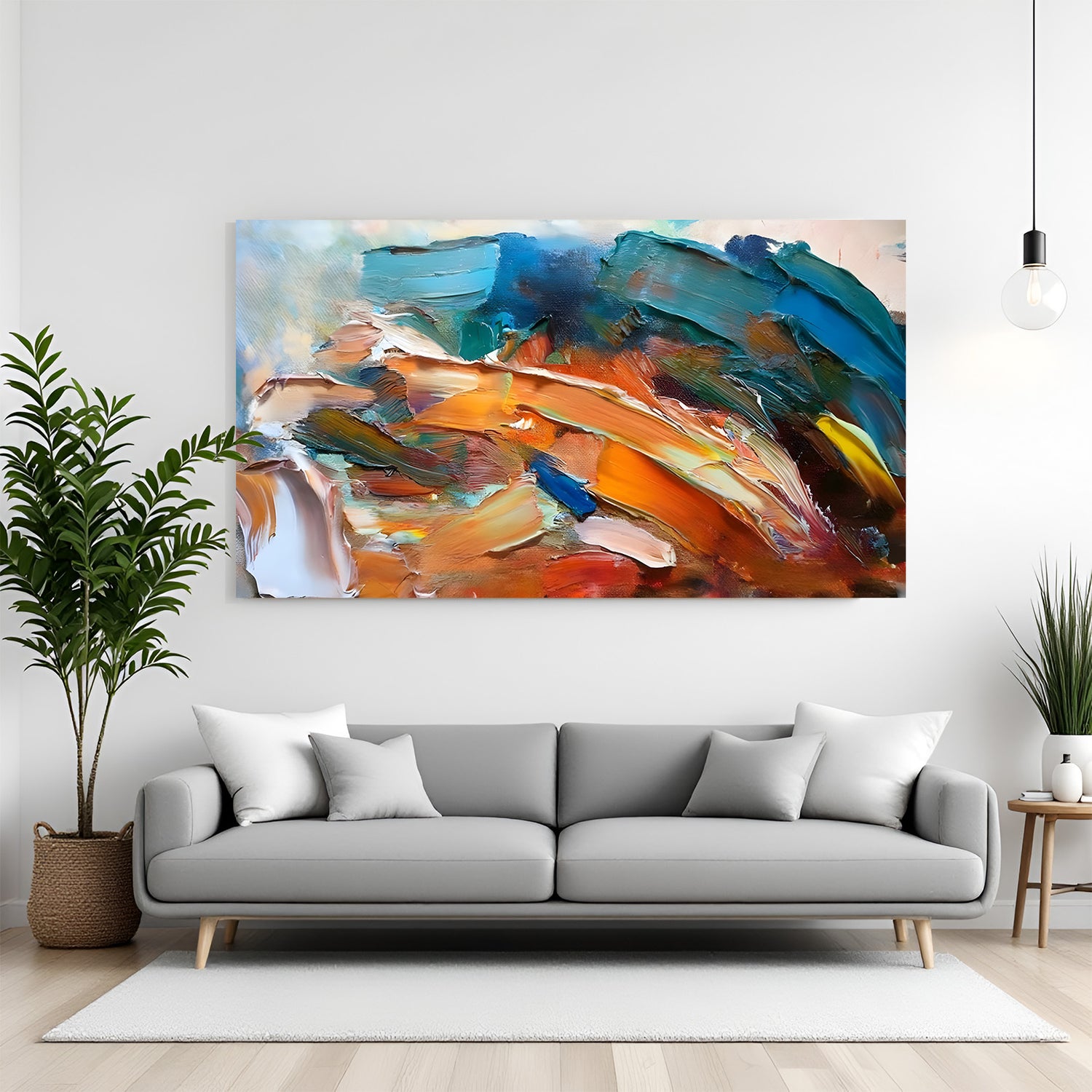 Vibrant abstract palette knife canvas wall art with colorful textured strokes displayed in modern living room decor canvas wrap