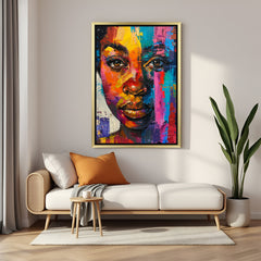 Golden-framed canvas featuring colorful African girl face in artistic painted style, designed for lively and cultural home decor