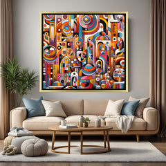 Colorful geometric abstract canvas art with golden frame