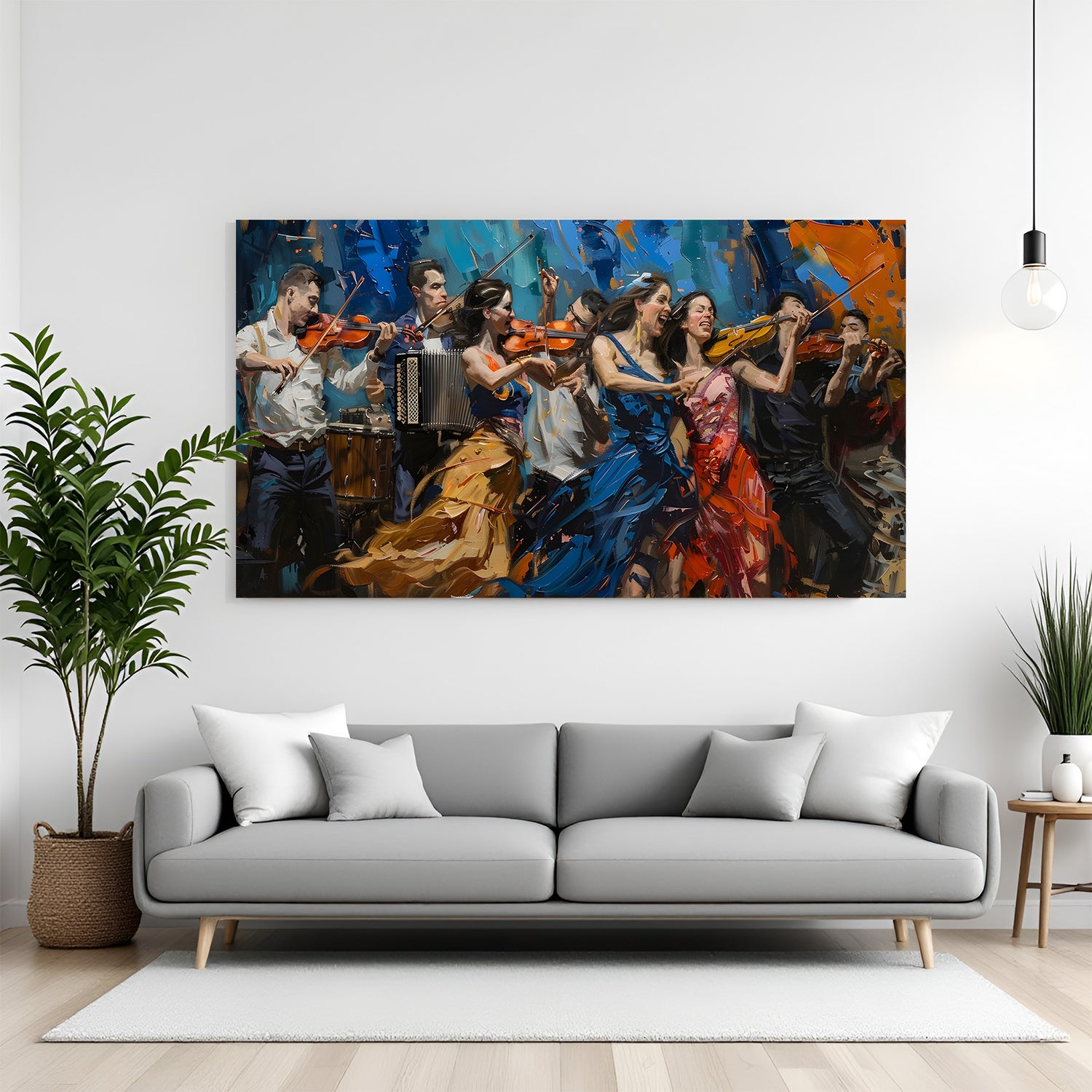 Panoramic orchestra performance canvas art featuring violinists and musicians in bold expressive brush strokes.