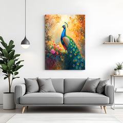 Vibrant peacock vastu canvas wall painting symbolizing prosperity, beauty, and positive energy for spiritual home and office decor