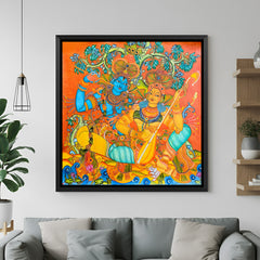 Colorful Radha Krishna Kerala mural wall painting in elegant black floater frame for spiritual interiors
